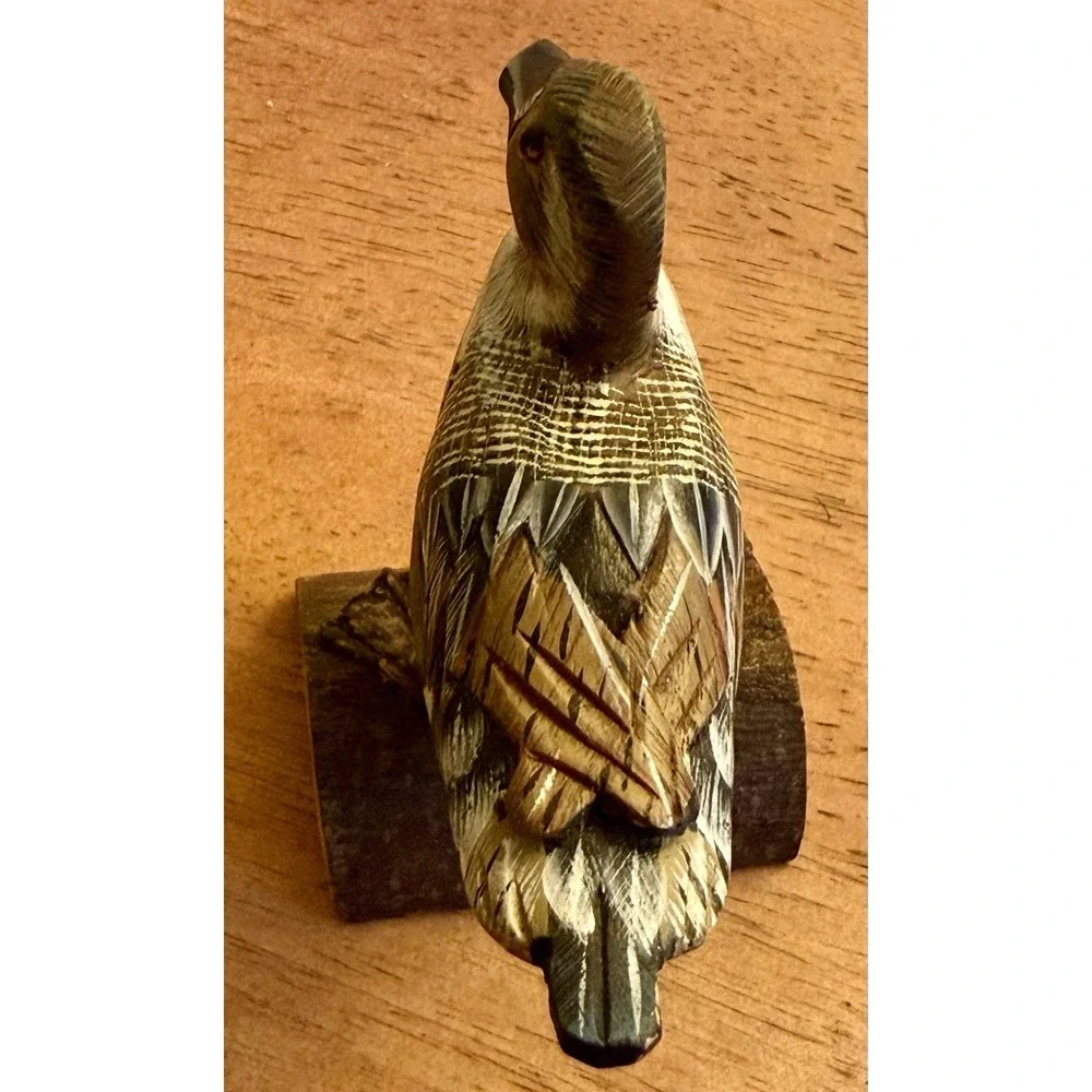VINTAGE HAND Carved & Painted Wooden Hen Pintail Decoy Statute ON LOG 4